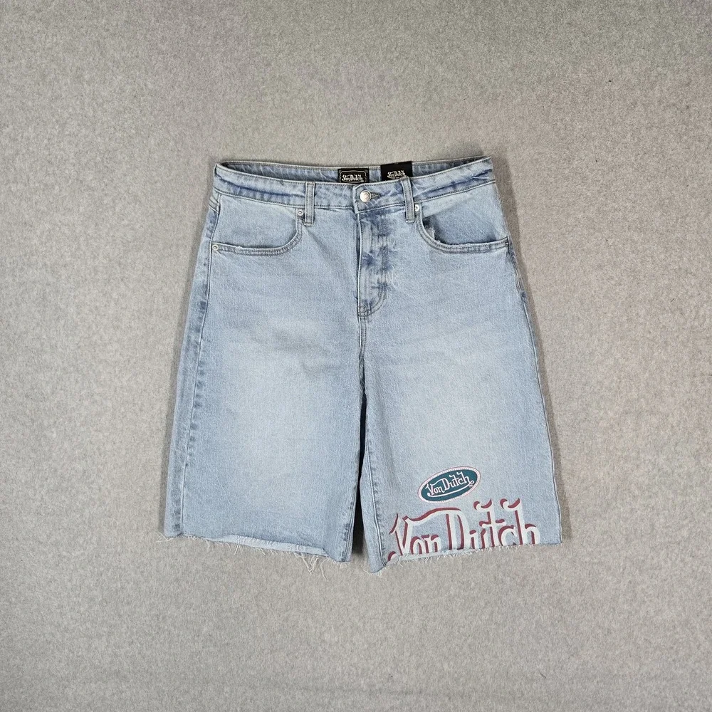 Von Dutch Women Shorts 5/27 Blue Denim Embroidered Grunge Y2K Baggy Skater NWT